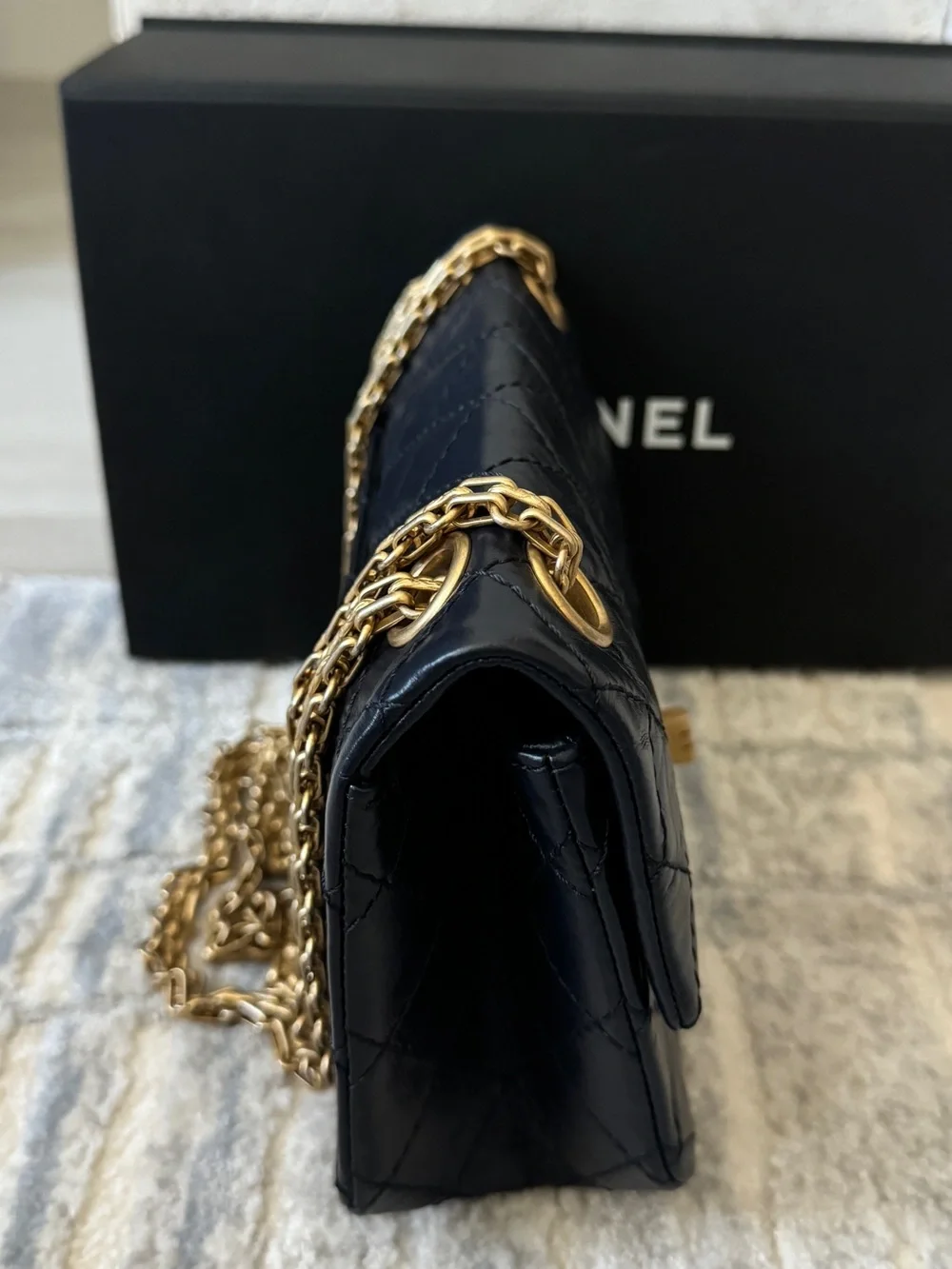 Chanel Navy Blue Mini Reissue Bag - Quilted Aged Calfskin Leather Gold Hardware